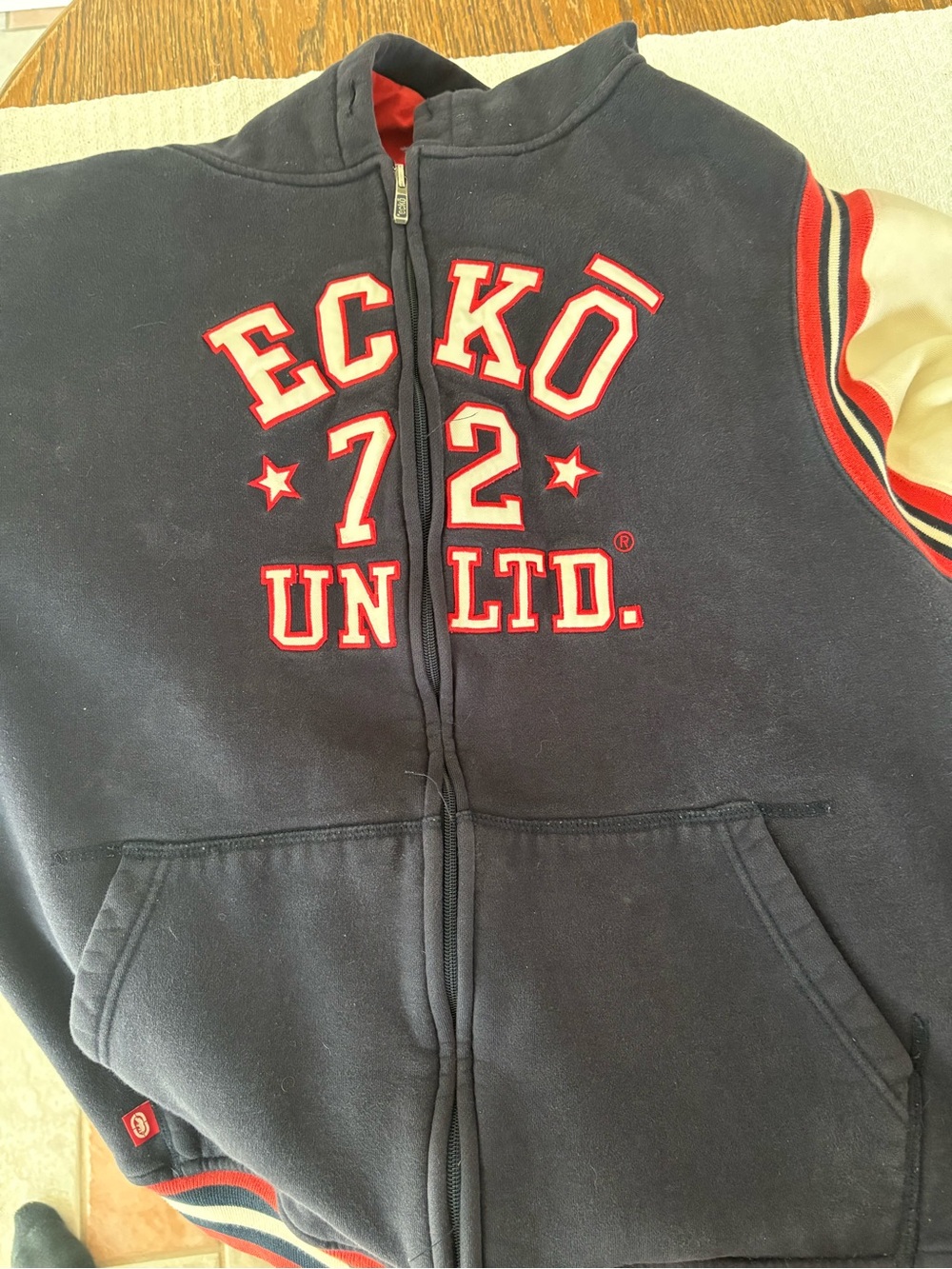 Ecko Unlimited Men’s Navy Zip-Up Hoodie with Red Lettering